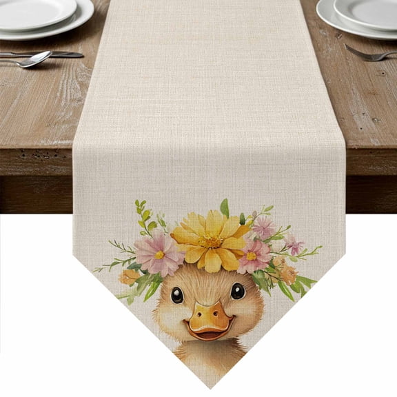 Duck Flower Table Runner Linen Burlap Table Runner 36 Inches Small Spring Cute Idyllic Animal Garland Floral Dresser Scarves for Kitchen Island Coffee Dining Party Wedding Holiday Decor 13"x36"