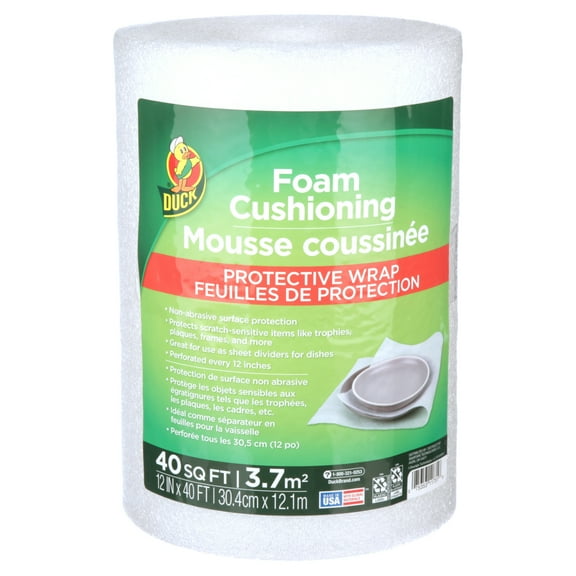Duck Foam Cushioning Roll Wrap, 12 in x 40 ft, White