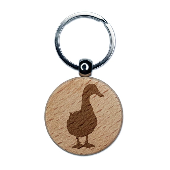 Duck From the Front Silhouette Round Keychain Charm Tag - Engraved Wood