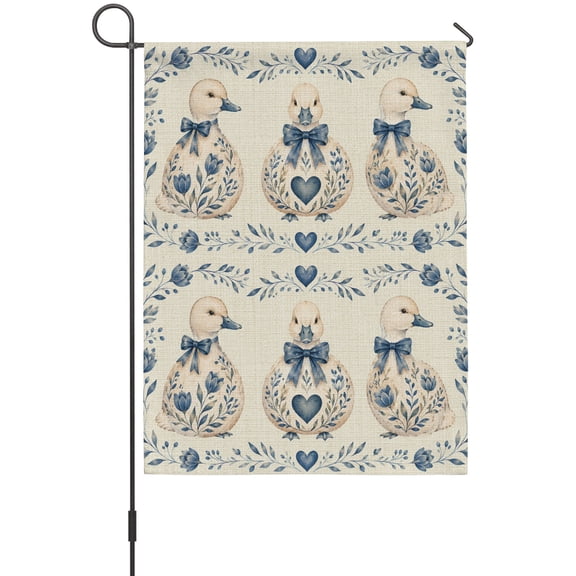 Duck Garden Flags For Outdoor, Watercolor Blue Bows Love Hearts Floral Rustic Small Double Side Yard Flags Weather Proof Garden Decor for Lawn Outside Holiday 12 x 18 Inches