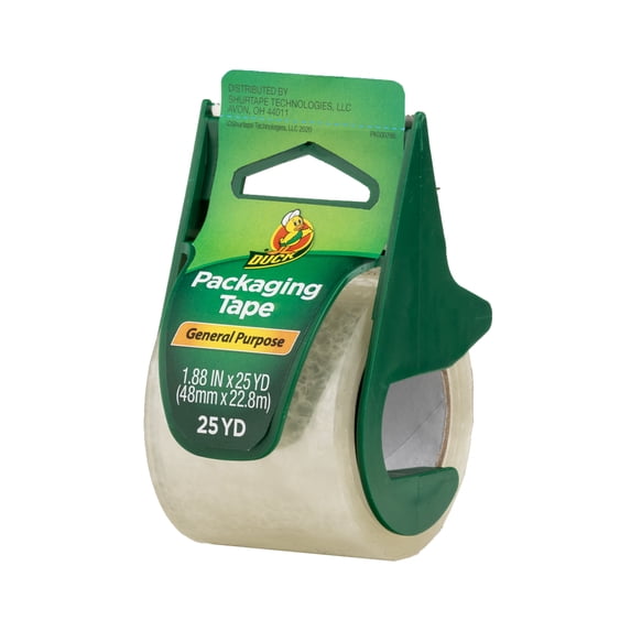 Duck General Purpose Packaging Tape with Manual Tape Dispenser, 1.88 in x 25 yd, Clear, 1 Roll