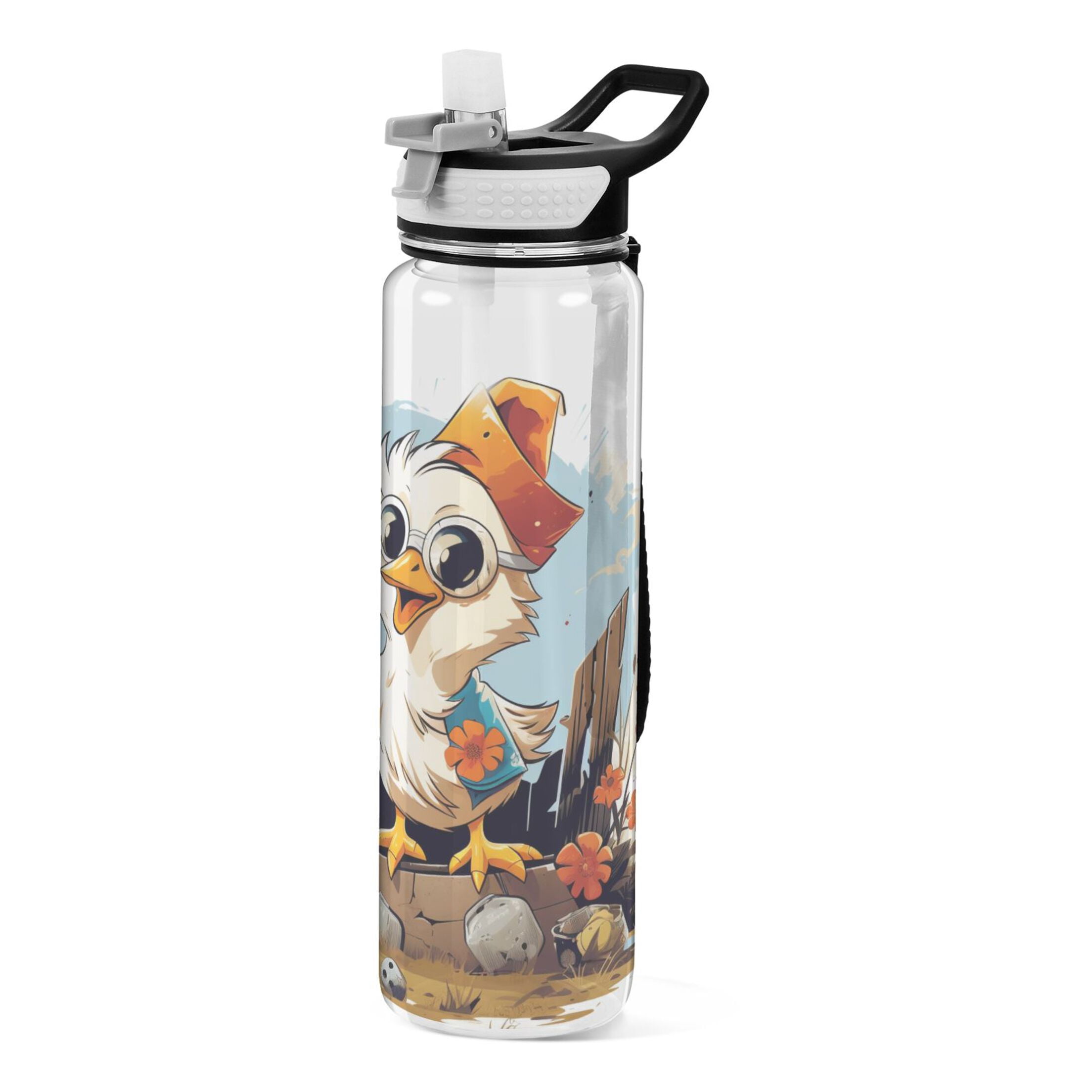 Duck Glasses Hat Sports Water Bottle Portable Travel Mug 32oz BPA Free Leak Proof Straw Transparent Tritan for Gym Yoga Cycling Camping