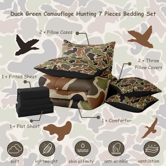 Duck  Green Camouflage Hunting 7 Pieces Bedding Set Queen Size Black Brown All Season