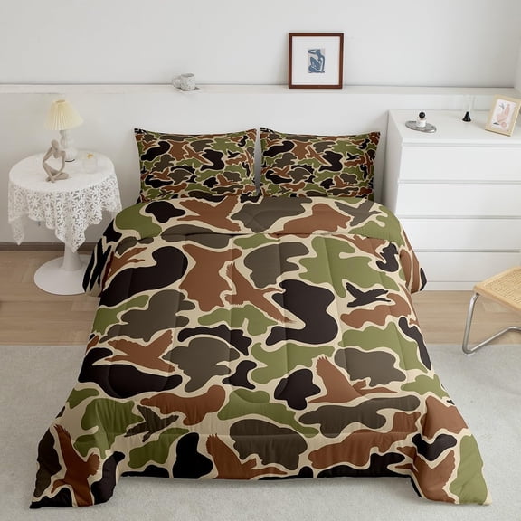Duck Green Camouflage Hunting Comforter Set Full Size Kids Black Brown Comforter for Boys Teens Camo Army Bedding Set Breathable Wild Duvet Set Room Decor Quilt Set