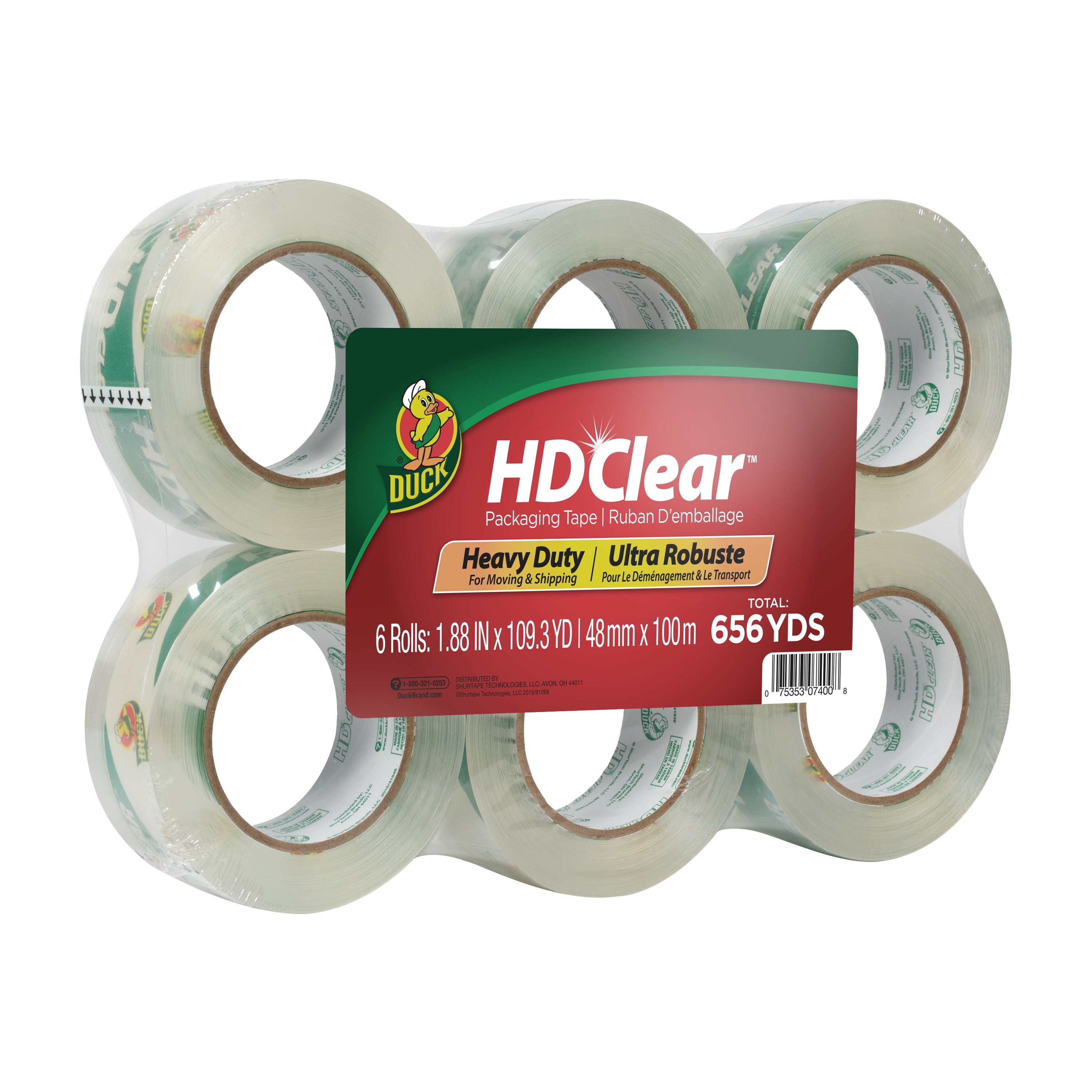Duck HD Clear Heavy Duty Packing Tape, Extra Long 1.88” x 109 yards per  Roll, 3 Core, 6 Rolls (299016)