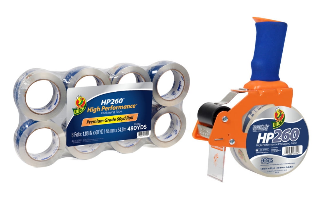 Duck HP260 Heavy Duty Clear Packaging Tape, 8 Rolls (1.88 inch x 60 yard Each) and BladeSafe Tape Gun