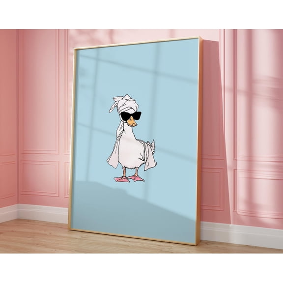 Duck In Head Towel "It Girl" Print • Baby Blue Aesthetic Bathroom Art • Minimalist Duck Art • Quirky Duck Drawing Bathroom Print Wall Art, Modern Wall Decor, 8x12 UNFRAMED