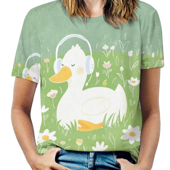 Duck Headphones Flowers Green-1 Women's Short Sleeve Tops Casual Blouses T Shirt