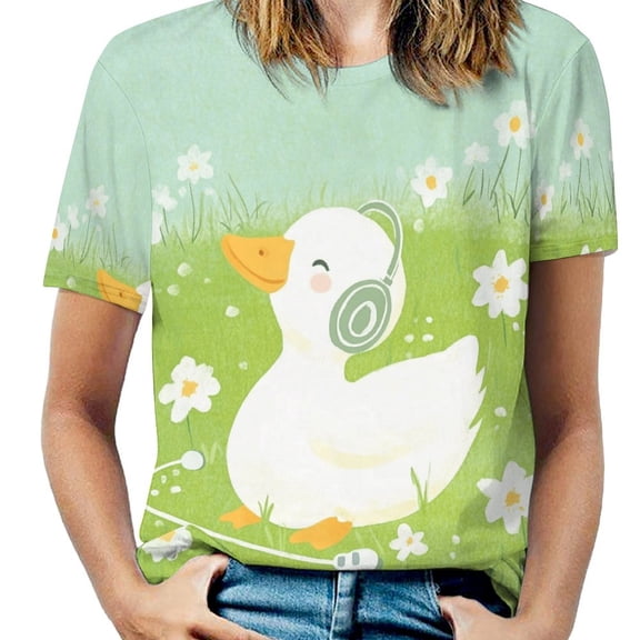 Duck Headphones Flowers Green Women's T-Shirt Short Sleeve T Shirts Tops Tee Ladies Loose T