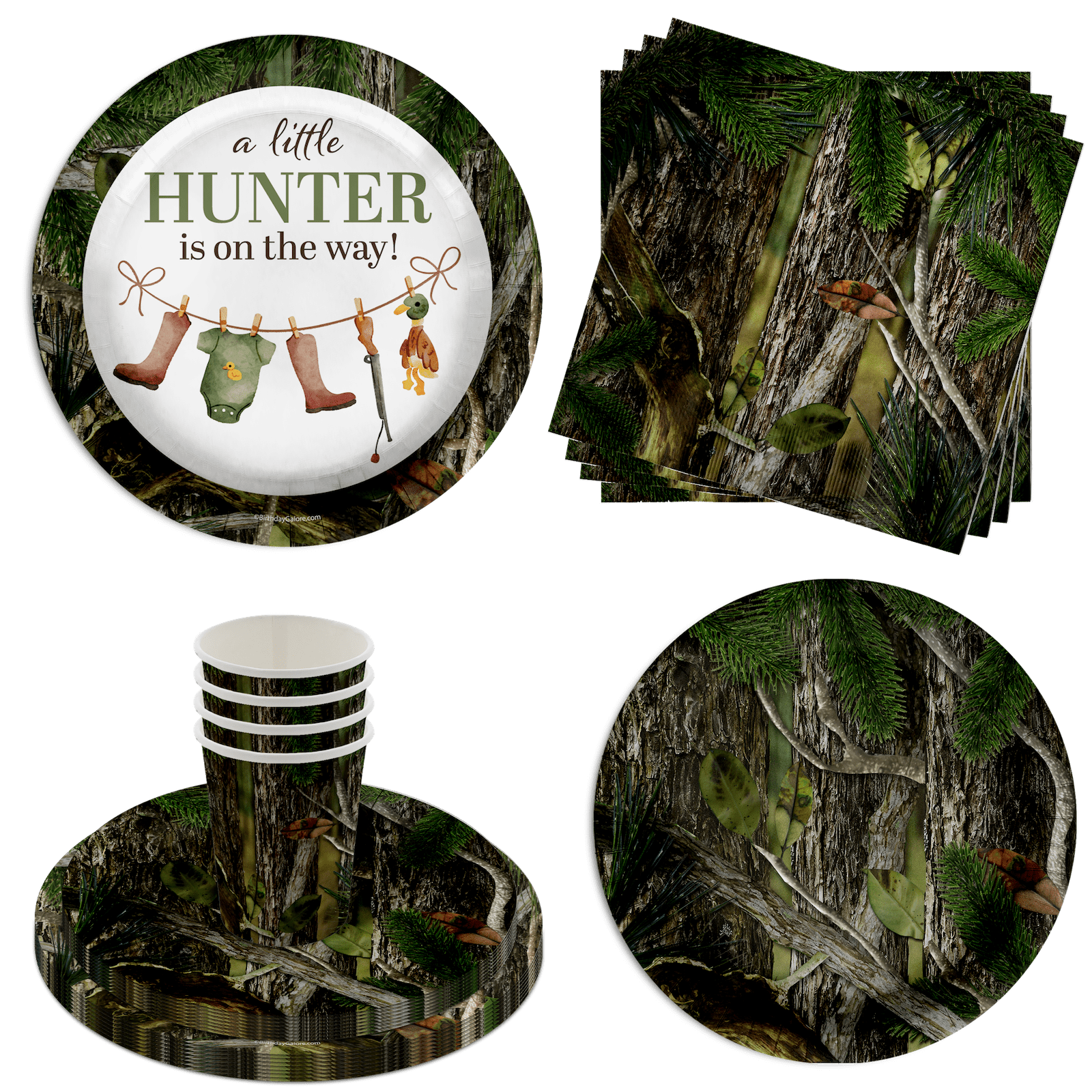 Duck Hunter Baby Shower Party Supplies 64 Piece Tableware Set Includes Large 9" Paper Plates Dessert Plates, Cups and Napkins Kit for 16