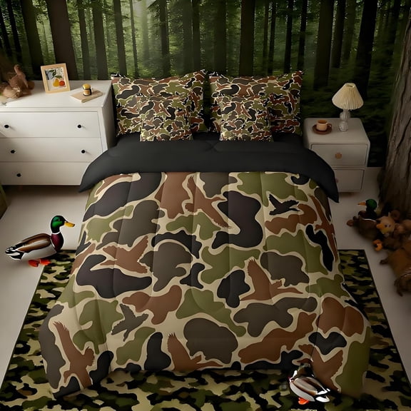 Duck Hunter Green Camouflage Hunting 7 Pieces Bedding Set, Full Size Black Brown All Season,Bed in a Bag with Comforter, Sheets, Pillowcases Camo Army Bed Set Breathable Wild Room Decor