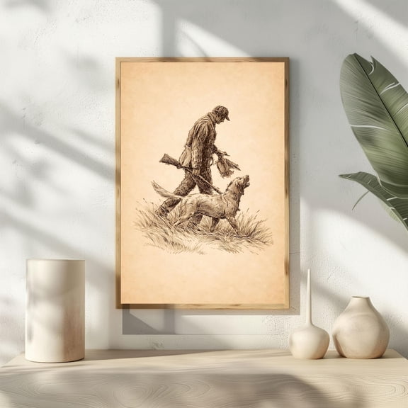 Duck Hunter Vintage Hunting Dog Sketch Sepia Labrador Cabin Decor, Unframed Poster