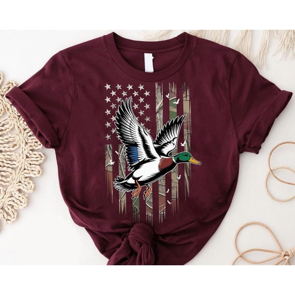 Duck Hunting American Flag Shirt: Patriotic Waterfowl Camo Tee TSHIRT All Size S-5XL