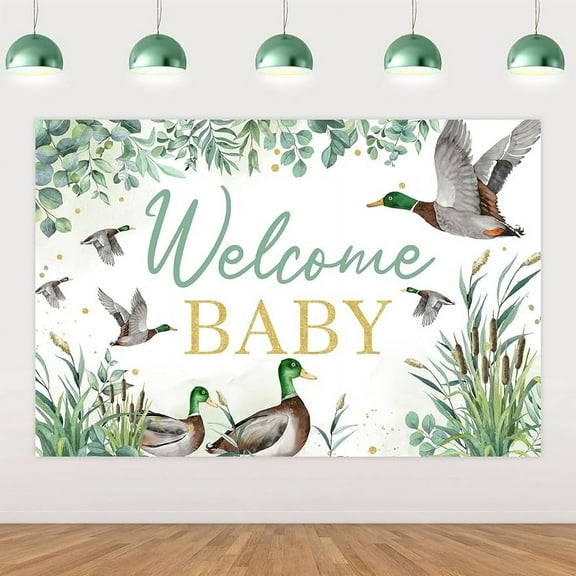 Duck Hunting Baby Shower Decorations, 5x3 ft Mallard Duck Welcome Baby Backdrop Banner Sign Photography Background Photo Studio Props for Duck Baby Shower Party Supplies