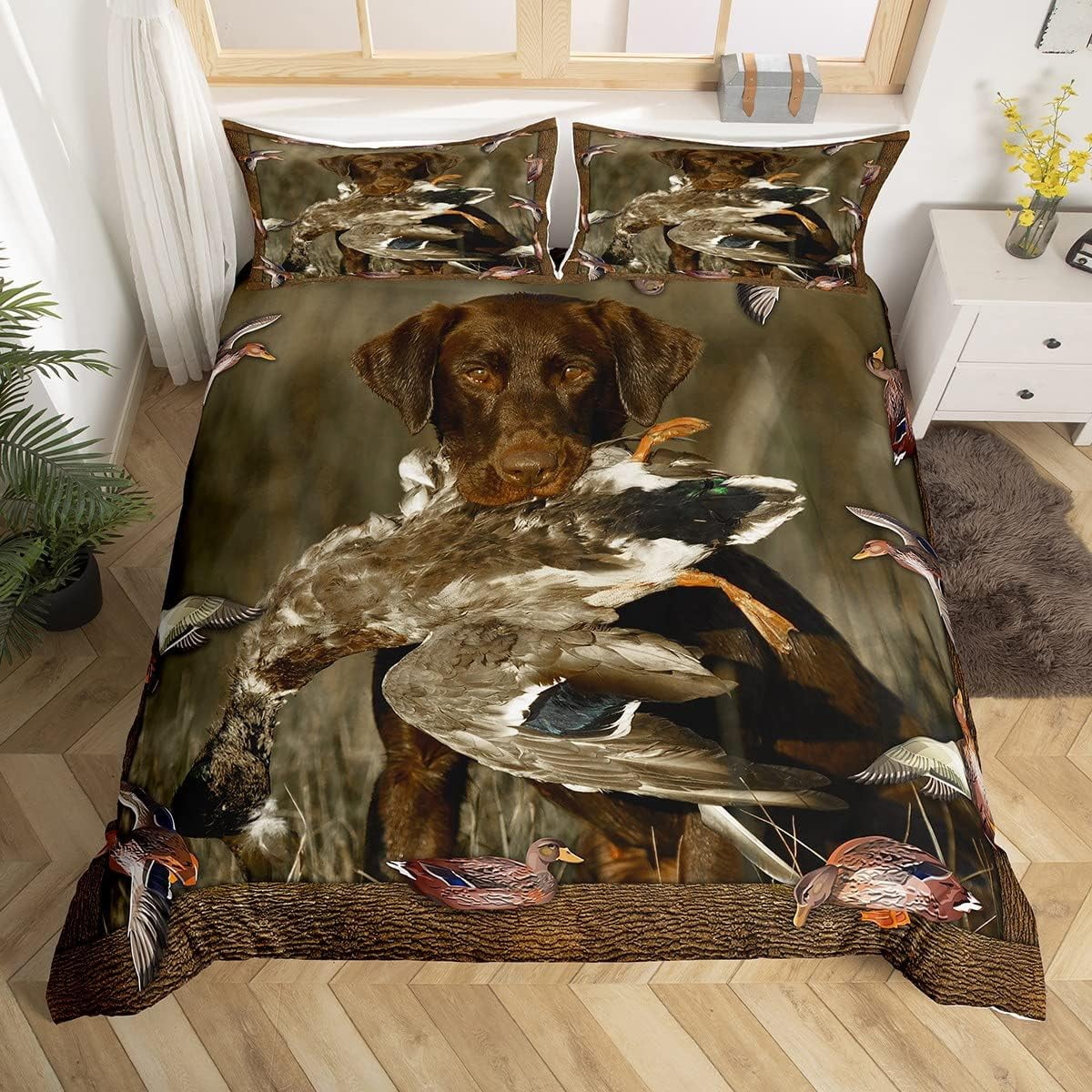Duck Hunting Bedding Dog Hunter Comforter Cover for Kids Boy Girl Wild Animal Mallard Duck Print