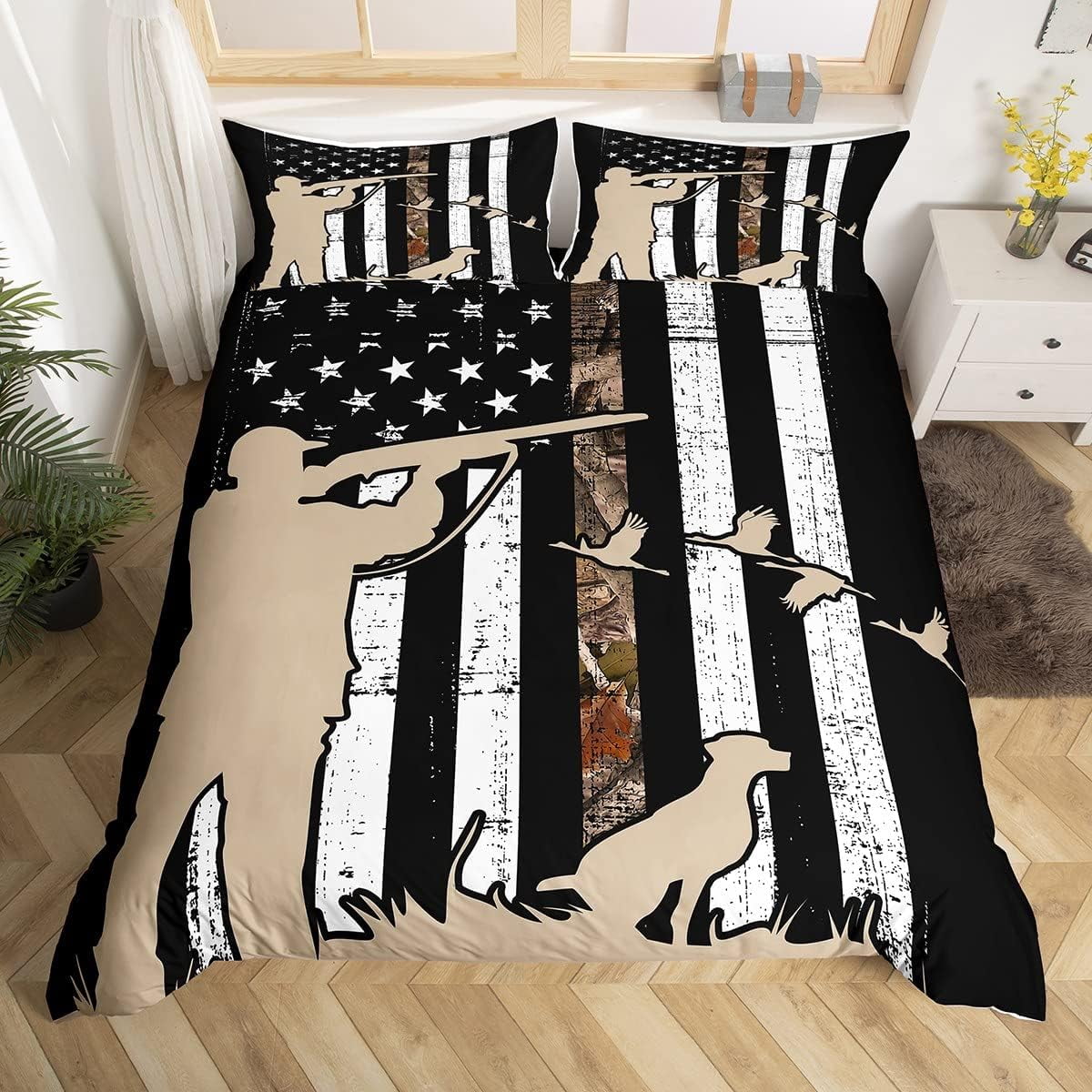 Duck Hunting Bedding Dog Hunter Silhouette Decor Bedding Set Vintage American Flag Duvet Rustic