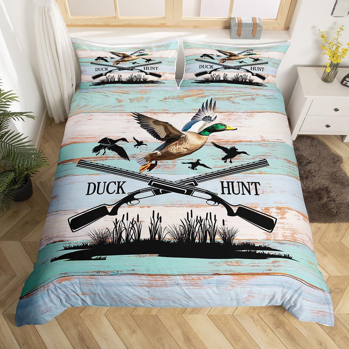 Duck Hunting Duvet Cover Set,Wild Animals Comforter Cover,Rustic