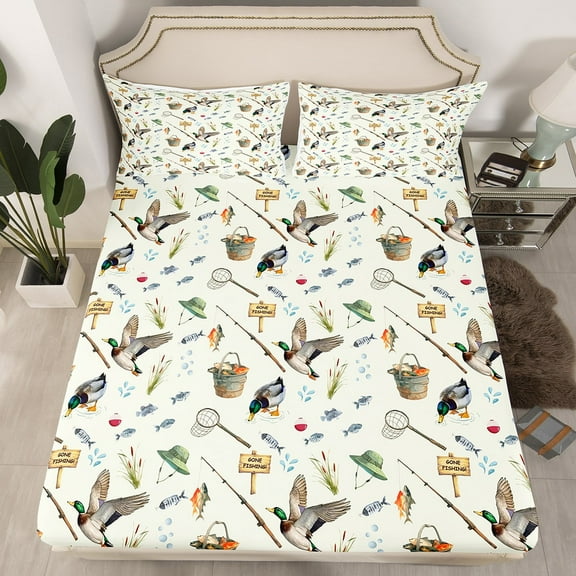 Duck Hunting Fitted Sheet Fishing and Hunting Themed Bed Sheets Farm Animal Duck Bed Set for Adult Women Teen Western Farmstyle Bedding Sets Animal Duck Bedding Full Size(No Top Sheet）