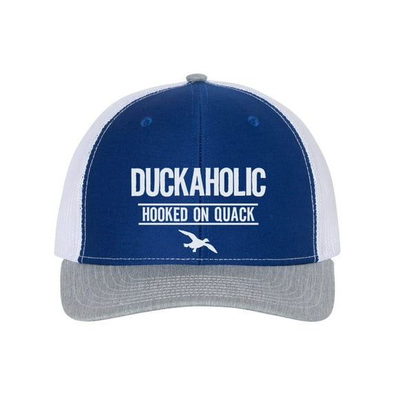 Duck Hunting Hat, Duckaholic, Hooked On Quack, Waterfowl Hat, Duck Hunting Gift, Gift For Duck Hunter, Hunting Hat, Dad Gift, White Text, Royal/White/Heather