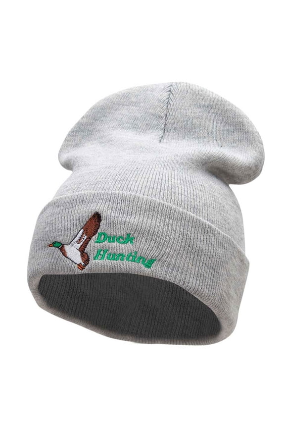 Duck Hunting Season Embroidered 12 Inch Long Knitted Beanie - Heather Grey OSFM