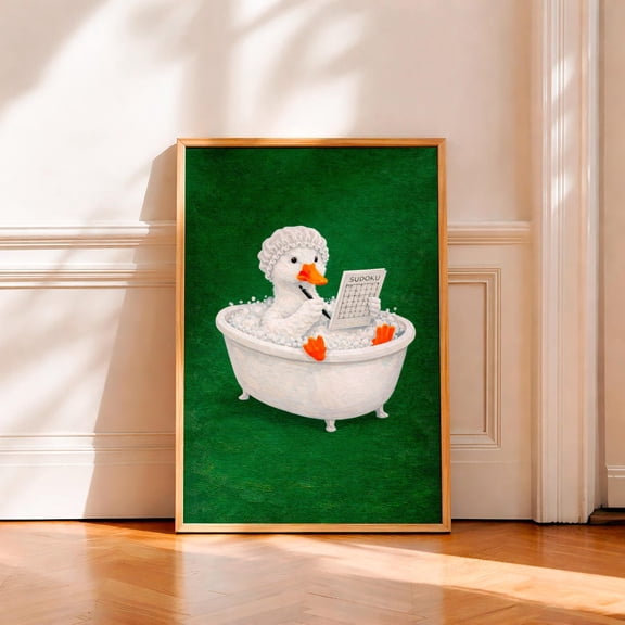Duck In Bathtub Poster, Bath Time Duck Wall Art, Whimsical Bathroom Decor Unframed Paper Print