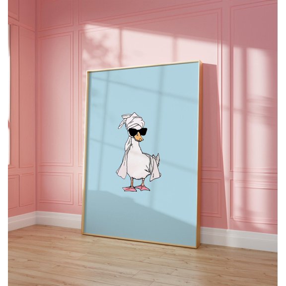 Duck In Head Towel It Girl Baby Blue Aesthetic Bathroom Minimalist Art, Unframed Paper Poster 8x10in