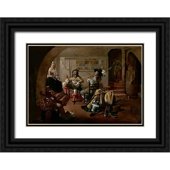 Duck, Jacob 18x14 Black Ornate Wood Framed with Double Matting Museum Art Print Titled - Interior with Soldiers and Women
