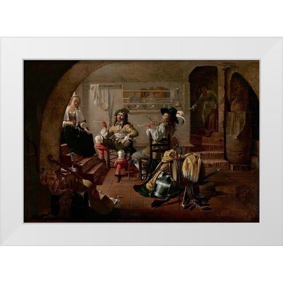 Duck, Jacob 32x23 White Modern Wood Framed Museum Art Print Titled - Interior with Soldiers and Women