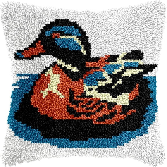 Duck in Water Latch Hook Pillow Kits DIY Pillowcase Cushion Cover Crochet Hooking Pillow Making Kits with Color Pattern Canvas Crochet Hooking Kits Pillow 43x43cm(Z177)