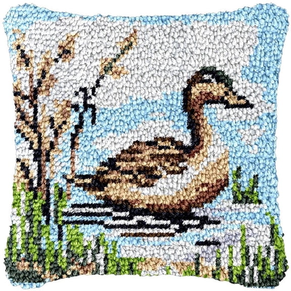 Duck Latch Hook Pillow Cover Kits for DIY Cushion Cross Stitch Crochet Hooking Latch Hook Pillowcase Rug Kits with Preprinted Canvas Crochet Yarn Kits Needlework Crafts 17'' X 17''