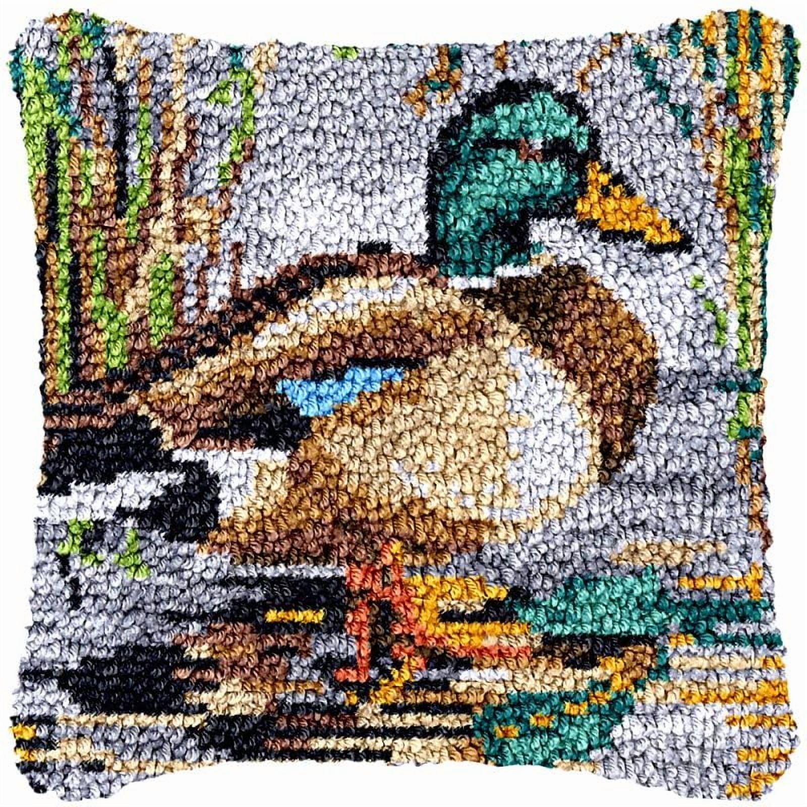 Duck Latch Hook Pillow Cover Kits for DIY Handmade Throw Pillow Cross Stitch Latch Hook Pillowcase Rug Kits with Preprinted Color Pattern Canvas Crochet Yarn Kits 17''X 17''(ys18)