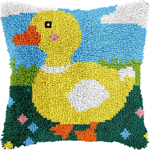 Duck Latch Hook Pillow Cover Kits for DIY Handmade Throw Pillow Cross Stitch Latch Hooking Pillowcase Kits with Preprinted Color Pattern Canvas Crochet Yarn Kits 17''X 17''(7-93)
