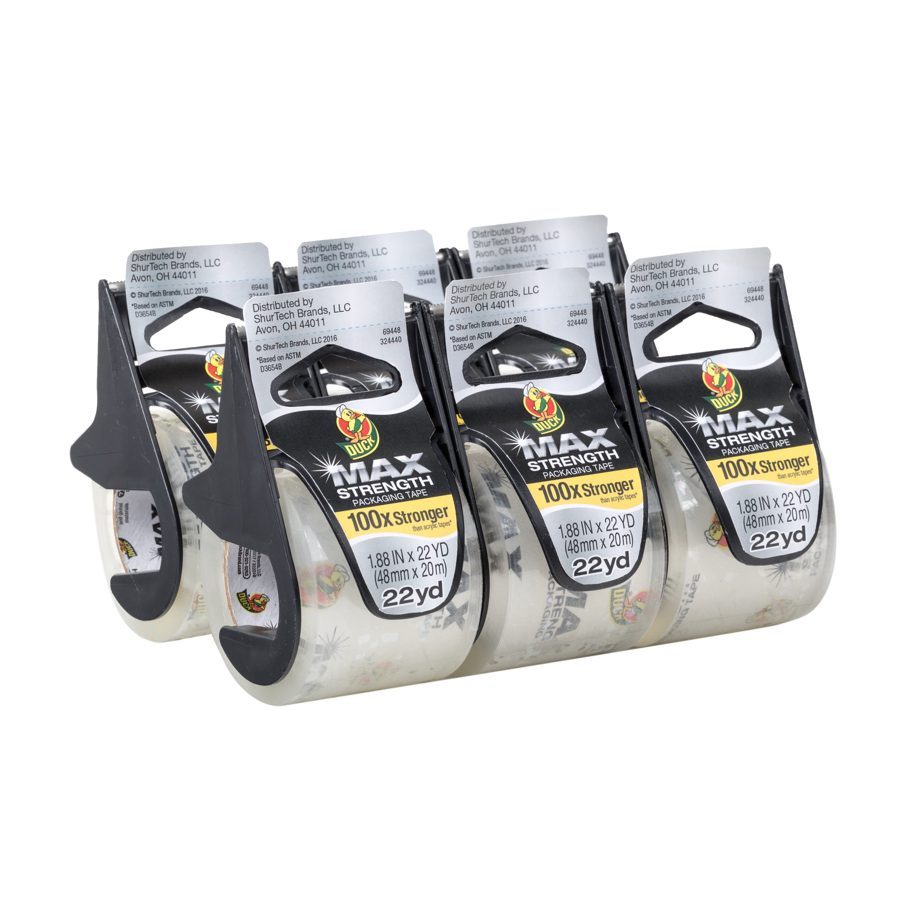 Duck Max 1.88" x 22 yd. Clear Rubber Packing Tape & Dispenser, 6 Pack