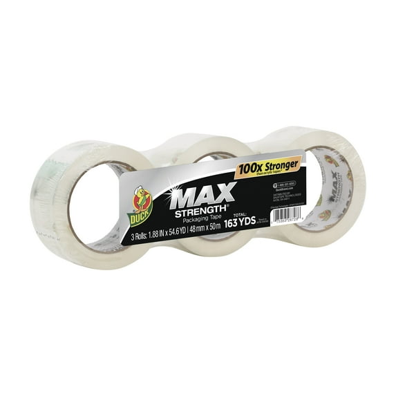 Duck Max Strength 1.88" x 54.6 yd. Clear Rubber Adhesive Packing Tape, 3 Pack