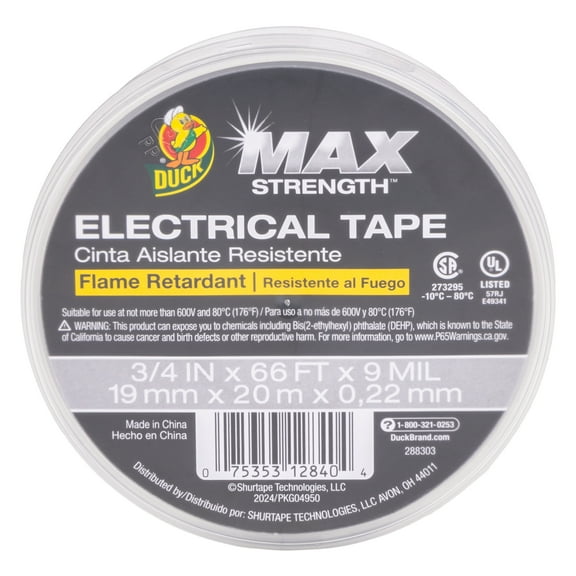 Duck Max Strength Black Electrical Tape, 0.75 in x 66 ft, 9 Mil