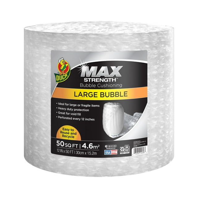 Duck Max Strength Large Bubble Cushioning Wrap, 12 in x 50 ft, Clear, (287222)