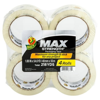 Duck Max Strength Packing Tape, 1.88 in x 55 yd, Clear, 4 Refill Rolls