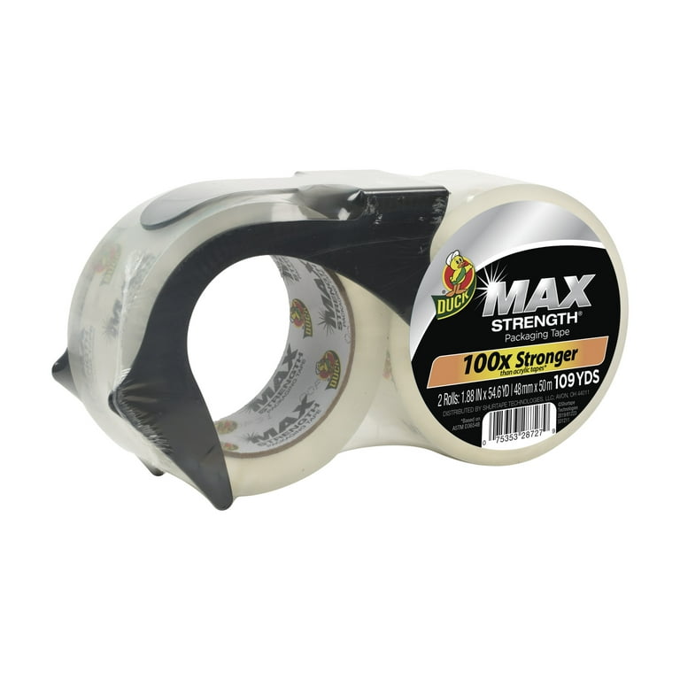 Duck Max Strength Packing Tape with Dispenser, 2 Rolls, 1.88 inch x 54.6 Yard, Clear (284986)