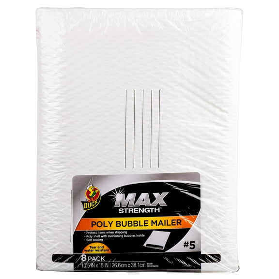Duck Max Strength Self-Sealing Poly Bubble Mailer #5, 10.5" x 15", Solid White, 8 Pack