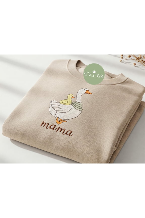 Duck Mom And Baby Embroidered Sweatshirt, Custom Date Mother's Day Gift, Personalized Birthday Gift for Wife, Duck Lover Gift , New Mom Gift
