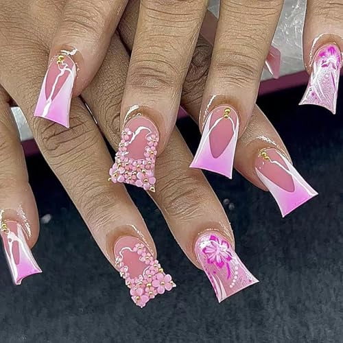 Duck Nails Press on Pink French Tip Fake Nails Duck Feet Style Full