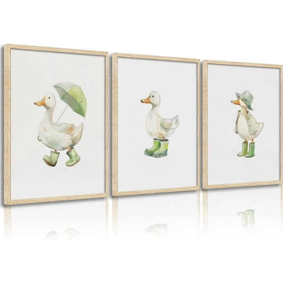 Duck Nursery Canvas Wall Art Funny white duck Cute Animal Baby Room Painting Picture Wall Decor Green Rain Gear Duck Art Print Artwork Print Artwork for Boy Bedroom Kids Nursery(only canvas)