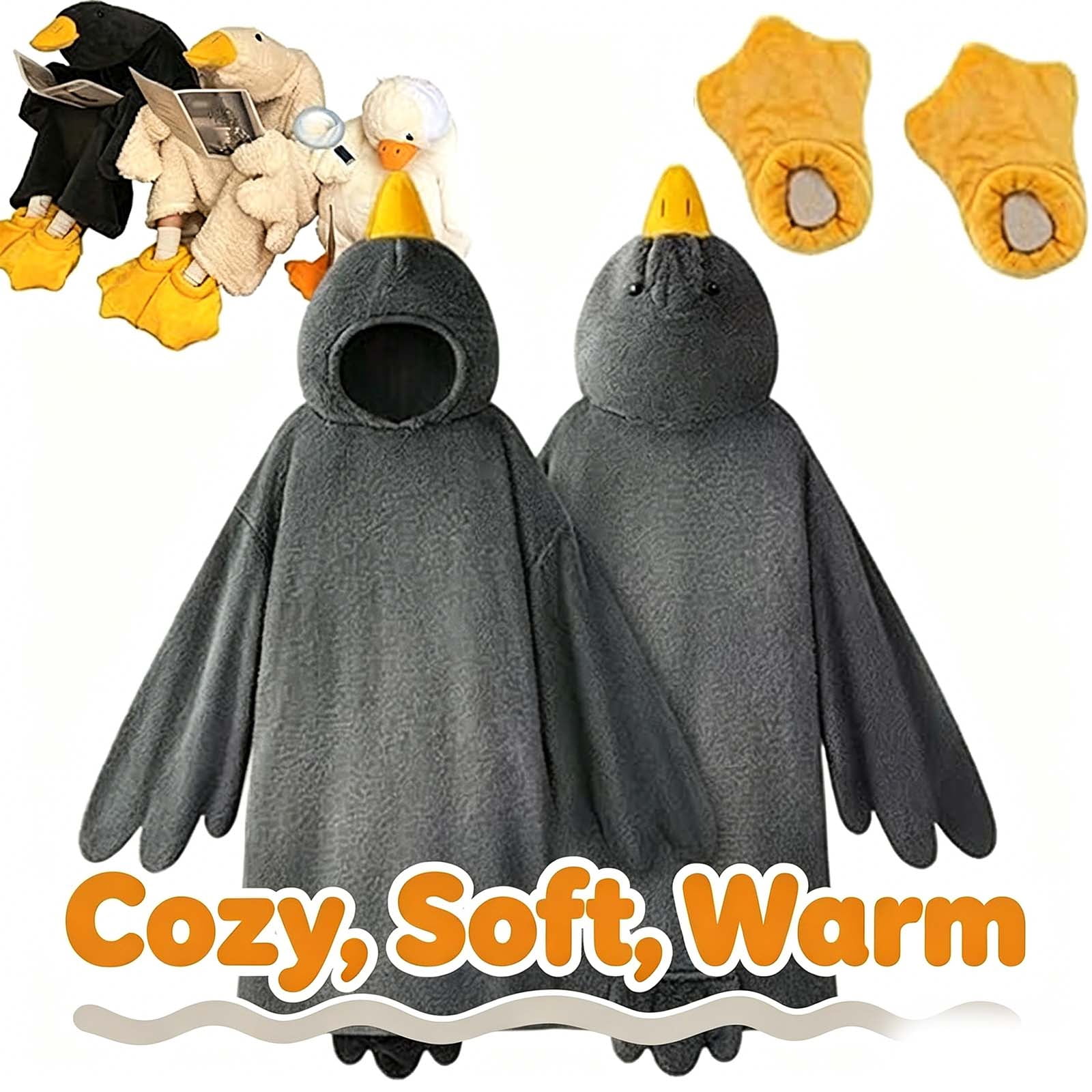 Duck Onesie, Wearable White Goose Blanket Hoodie Onesie, Fleece Oversized Duck Pajamas with Sleeves, Winter Warm Sleepwear - Black, XXL