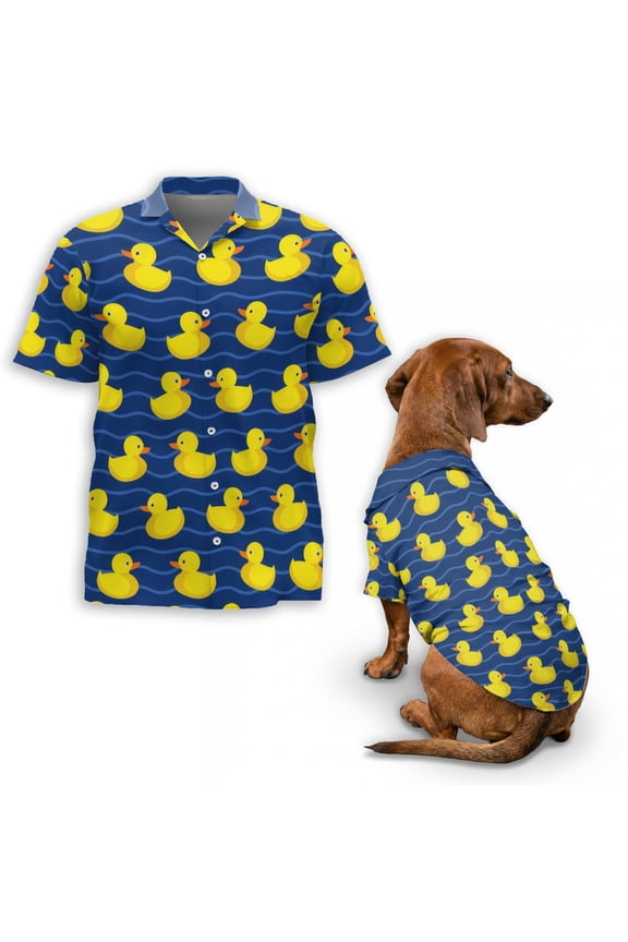 Duck Pattern Hawaiian Shirt, Cute Yellow Duck Print Button Down Shirt for Adults or Dogs, Cuban Collar, Short Sleeve Polyester Summer Shirt