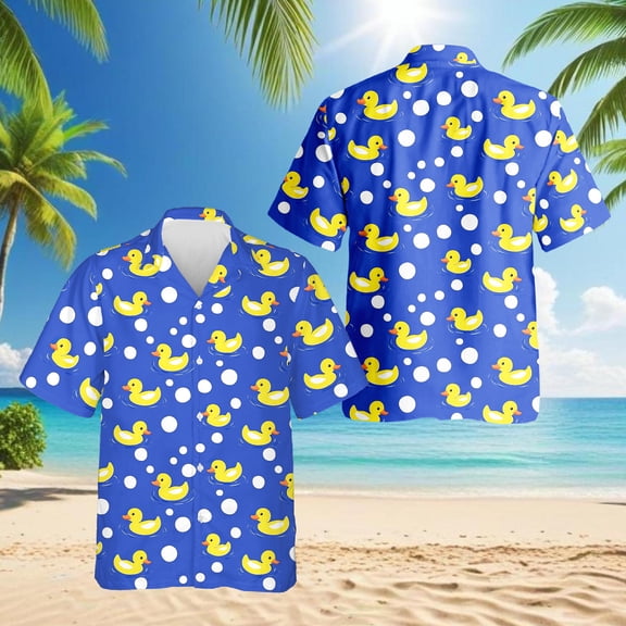Duck Pattern Hawaiian Shirt for Men, Retro Style, Button Down Summer Beach Short Sleeve, S-5XL