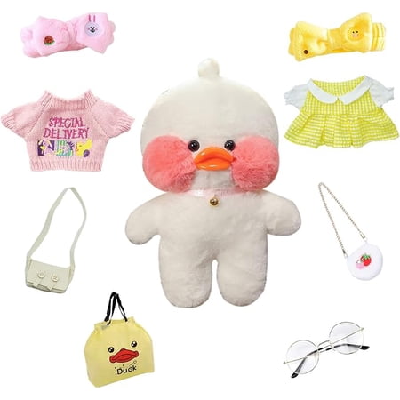 Duck Plush 30cm Cute Stuffed Animal, 8 Pcs Kawaii Accessories, Birthday Gifts (White Yellow)