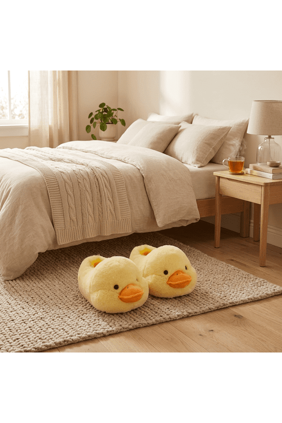 Duck Plush Slippers for Women and Men, Fuzzy House Slippers, Cute Animal Indoor Bedroom Slippers for Home Dorm, Cozy Soft Slip On Slippers, Yellow, Size 9-10