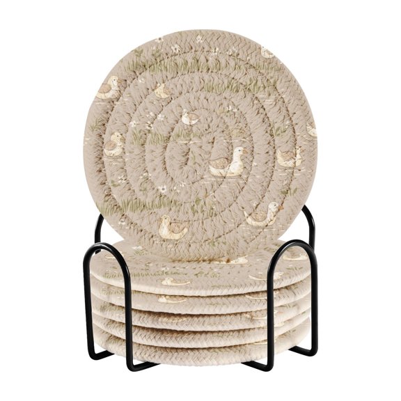 Duck Pond Scene 4in Bar Coasters Set of 6 with Storage Rack Durable Heat Resistant