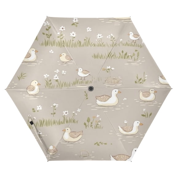 Duck Pond Scene Folding Umbrella UV50+ Waterproof Sun Protection Auto Open Close Compact Fiberglass Frame