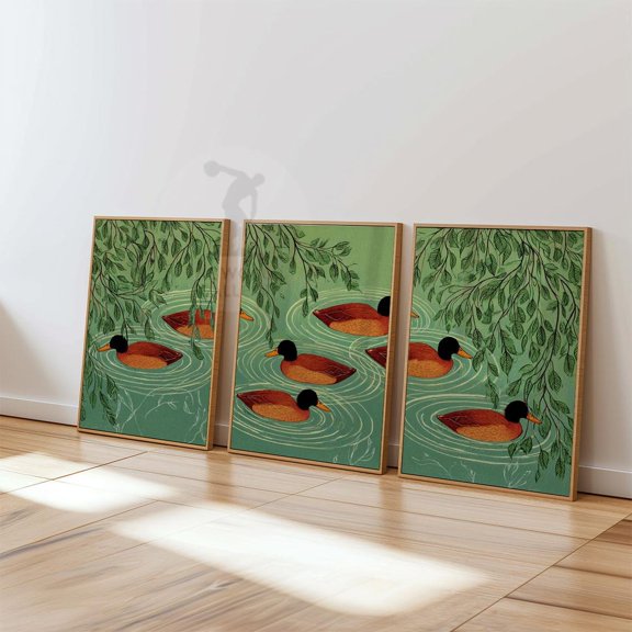 Duck Pond Tranquil Botanical Wall Decor Art Set 3 Stretched Canvas 16x24